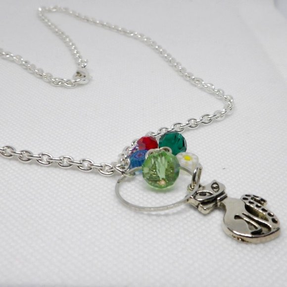 Handcrafted Silver Color Chain Cat Necklace AB Glass & Millefiori Glass Beads - Picture 7 of 11